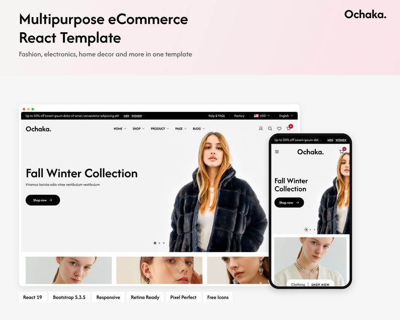 Plantilla Ochaka React, tema multipropósito para tienda online de comercio electrónico con ReactJS, sitio web para tiendas de moda y electrónica. imagen 2