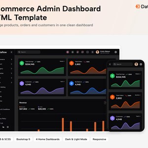 May include: An eCommerce Admin Dashboard HTML Template by Dataflow featuring a dark-themed interface with colorful line charts, data metrics, and navigation menus displayed on both desktop and mobile screen layouts for managing products and orders.