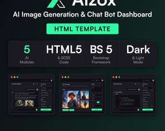 Aizox AIダッシュボードHTMLテンプレート、画像生成、チャットボット、Bootstrap 5、ダークライトモード