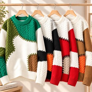 Patchwork Cable Knit Sweater, Textured Color block Pullover