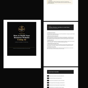 May include: A digital guide titled How to Build Your Business Website Using AI, featuring a black cover with gold text, a logo for The Cozy Budget Store, and interior pages detailing common website mistakes and a quick-start checklist for users.