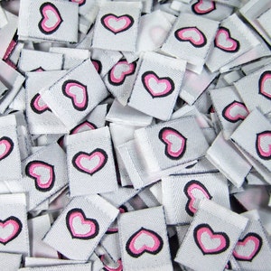 100 pcs  Woven Clothing Labels, Size Tags - Pink Heart