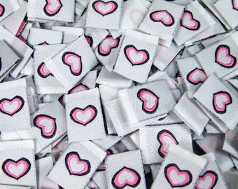 50 pcs  Woven Clothing Labels, Size Tags - Pink Heart
