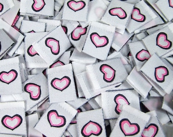 100pcs Woven Clothing Sewing Labels Folded Mask Hem Tags - Pink Heart