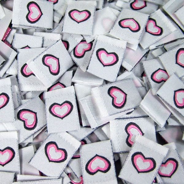 50 pcs  Woven Clothing Labels, Size Tags - Pink Heart