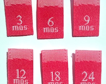 Mixed Lot of 60 pcs Hot Pink Woven Clothing Sewing Labels, Size Tags - 3mo 6mo 9mo 12mo 18mo 24 mo -  10 pcs each size