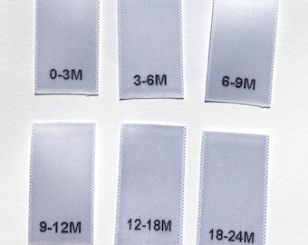 Mixed Lot of 250pcs White Satin Printed Clothing Label Sewing Garmen Size Tags - 0-3M, 3-6M, 6-9M, 9-12M, 12-18M, 18-24M - (42pcs each size)