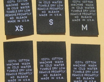 250 pcs Black Woven Clothing Labels, Care Label - 100% Cotton XS, S, M, L, XL, XXL (41 pcs each)