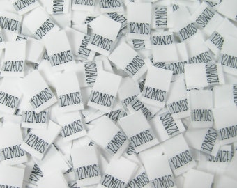 250 pcs White Woven Sew Clothing Labels, Toddler Size Tags -  Size 12MO - 12 Month
