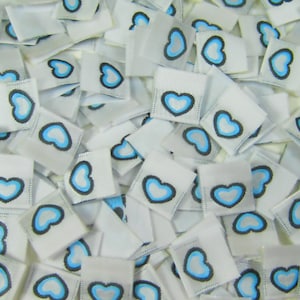 25 pcs  Woven Clothing Folded Sewing Labels - Blue Heart