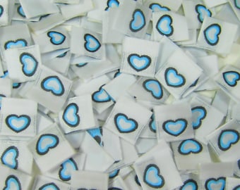100 pcs White Woven Clothing Sewing Garment Folded Labels, Size Tags - Blue Heart
