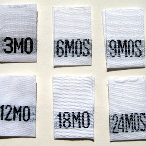 Mixed Lot of 120 pcs White Woven Clothing Labels, Size Tags - 3mo 6mo 9mo 12mo 18mo 24 mo -  20 pcs each size