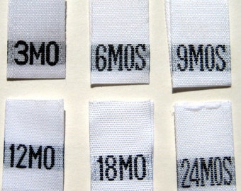 Mixed Lot of 1000 pcs White Woven Clothing Labels, Size Tags - 3mo 6mo 9mo 12mo 18mo 24 mo -  166 pcs each size