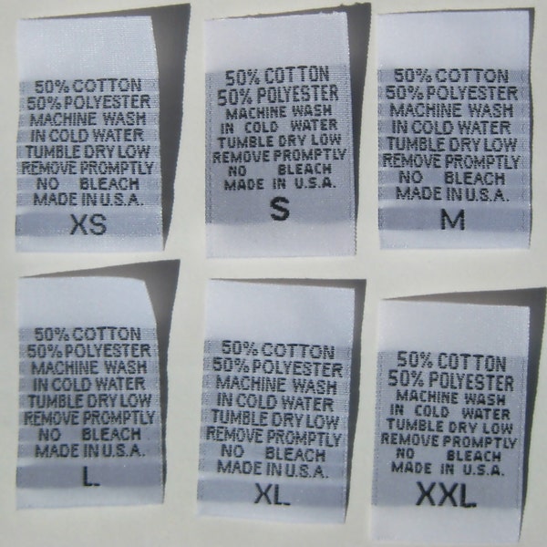 100 pcs White Woven Clothing Labels, Care Label - 50/50% Cotton/Polyester  XS, S, M, L, XL, XXL  (16 pcs each)