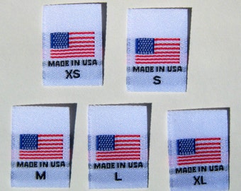 250pc White American Flag - Made in USA, Red White & Blue Woven Origin Clothing Sewing Garment Label Size Tags: XS S M L XL (50pc each size)