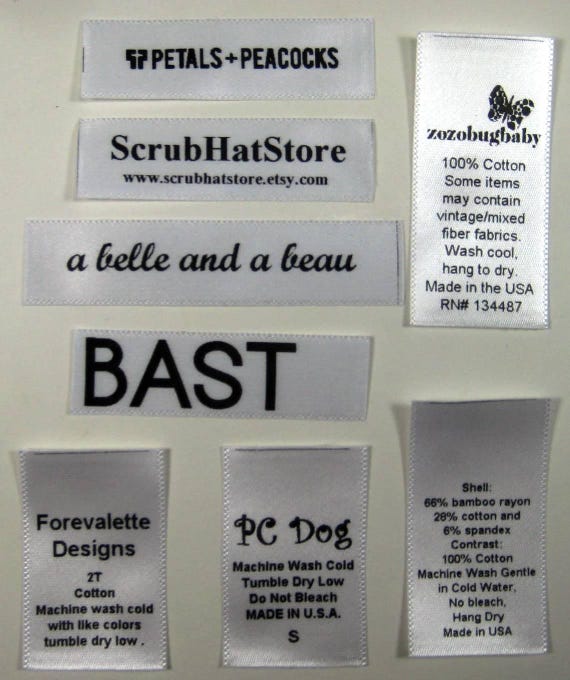 250 pcs Custom Printed Professional Satin Clothing Care Tags Labels- Black Thermal Ink on White Satin