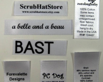 500 pcs Custom Printed Professional Satin Clothing Care Tags Labels- Black Thermal Ink on White Satin