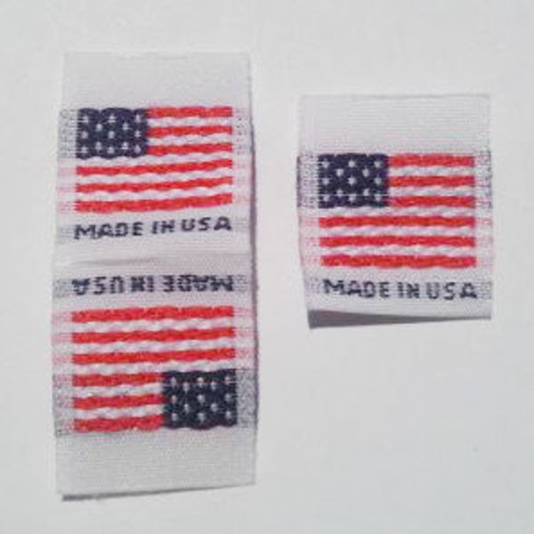 100 pcs Folded Double Sided White American Flag - Red White & Blue Woven Clothing Sewing Labels Made in USA