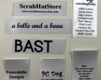 1000 pcs Custom Printed Professional Satin Clothing Care Tags Labels- Black Thermal Ink on White Satin