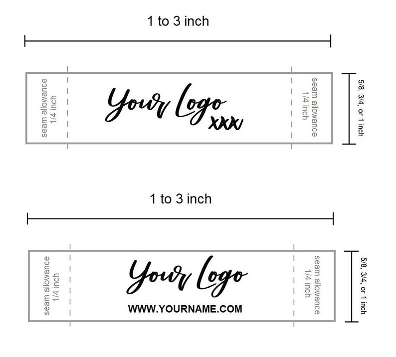 以下が含まれることがあります： 「Your Logo」と「WWW.YOURNAME.COM」のテキストが書かれた白黒の織りラベルテンプレート。ラベルの幅は1〜3インチ、高さは5/8、3/4、または1インチです。各側に1/4インチの縫い代が含まれています。
