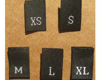 Mixed Lot of 500 pcs BLACK Woven Clothing Sewing Labels, Size Tags - XS S M L XL - 100 pcs each size