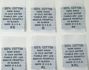 250pcs White Woven Sewing Clothing Labels Care Instruction Label Size Tags - 100% Cotton Hand Wash XS, S, M, L, XL, XXL (42 pcs each)
