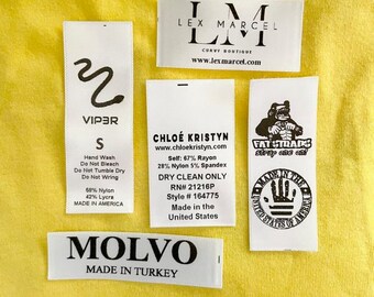 100pcs Personalized Professional Printed Satin Clothing Garment Washing Care Label Tags- Black Ink on White Satin (Made In Los Angeles CA)