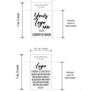 以下が含まれることがあります： 「Your Logo XXX」、「SIZE」、「COUNTRY OF ORIGIN」というテキストが書かれた、白黒の衣料品ラベルテンプレートのイラスト。ラベルの幅は3/4インチから1 1/4インチ、高さは1インチから3インチ。ラベルの下には、「Logo」、「FIBER CONTENT」、「HOW TO CARE FOR YOUR ITEM」、「HOW TO WASH? SHOULD IT BE BLEACHED? HOW TO DRY? USE A HOT OR COLD IRON? CAN IT BE DRY CLEANED?」、「SIZE」というテキストが書かれた、別の白黒の衣料品ラベルテンプレートのイラスト。ラベルの幅は3/4インチから1 1/4インチ、高さは1インチから3インチ。