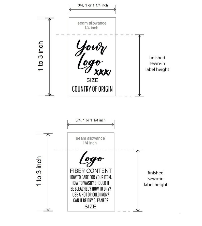 以下が含まれることがあります： 「Your Logo XXX」、「SIZE」、「COUNTRY OF ORIGIN」というテキストが書かれた、白黒の衣料品ラベルテンプレートのイラスト。ラベルの幅は3/4インチから1 1/4インチ、高さは1インチから3インチ。ラベルの下には、「Logo」、「FIBER CONTENT」、「HOW TO CARE FOR YOUR ITEM」、「HOW TO WASH? SHOULD IT BE BLEACHED? HOW TO DRY? USE A HOT OR COLD IRON? CAN IT BE DRY CLEANED?」、「SIZE」というテキストが書かれた、別の白黒の衣料品ラベルテンプレートのイラスト。ラベルの幅は3/4インチから1 1/4インチ、高さは1インチから3インチ。