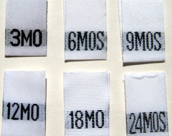 Mixed Lot of 120 pcs White Woven Clothing Labels, Size Tags Months - 3mo 6mo 9mo 12mo 18mo 24 mo -  20 pcs each size