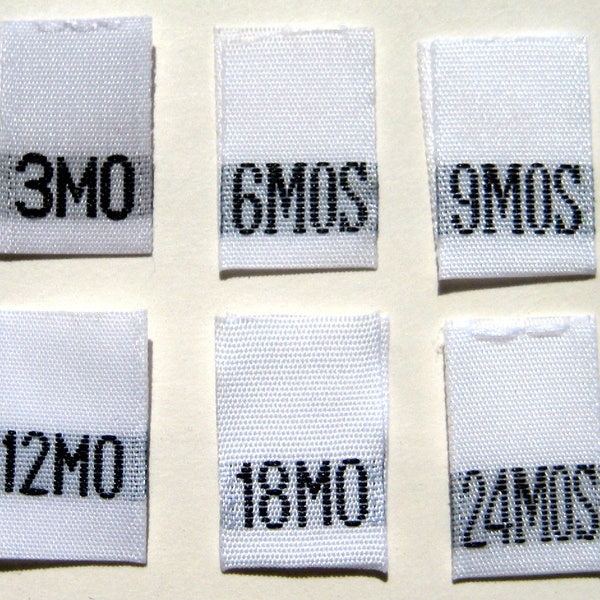 Mixed Lot of 120 pcs White Woven Clothing Labels, Size Tags Months - 3mo 6mo 9mo 12mo 18mo 24 mo -  20 pcs each size