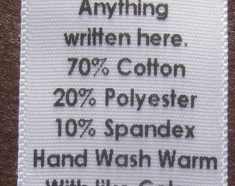 250 pcs Custom Printed Professional Thermal Clothing Care Garment Sewing Logo Content Tags Labels- Black Ink on White Satin