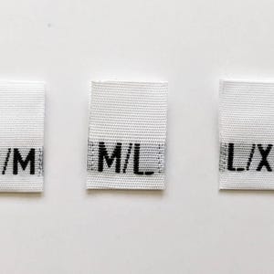 50 White Woven Clothing Size Labels: S/M, M/L, L/XL