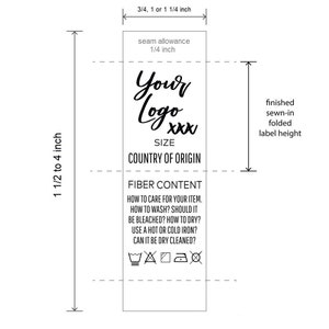 以下が含まれることがあります： 黒と白の衣服ラベルに「Your Logo XXX」、「サイズ」、「原産国」、「繊維内容」、「お手入れ方法」のテキストが記載されています。ラベルの高さは1 1/2〜4インチ、幅は3/4、1、または1 1/4インチです。