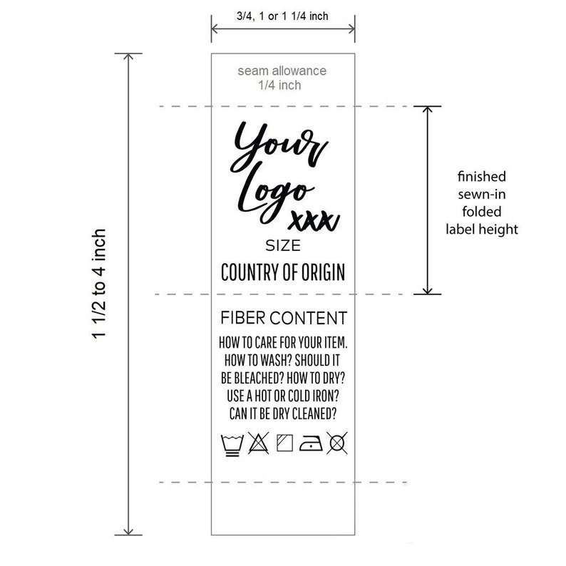 以下が含まれることがあります： 黒と白の衣服ラベルに「Your Logo XXX」、「サイズ」、「原産国」、「繊維内容」、「お手入れ方法」のテキストが記載されています。ラベルの高さは1 1/2〜4インチ、幅は3/4、1、または1 1/4インチです。