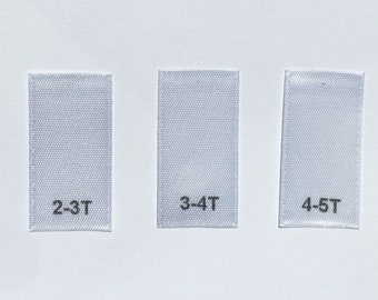 Mixed Lot of 100 pcs White Satin Printed Clothing Label Size Tags - 2T/3T, 3T/4T, 4T/5T - 33 pcs each size