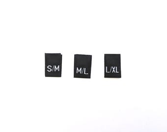 Mixed Lot of 100 pcs Black Woven Clothing Garment Wardrobe Folded Sewing Label Unisex Apparel Size Tags - S/M, M/L, L/XL