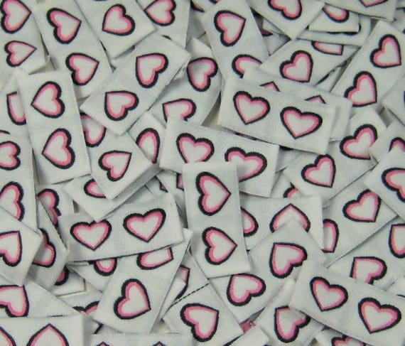50 Pcs Woven Clothing Sewing Labels Love Heart Tags - Double Pink
