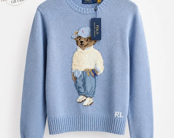Pull vintage Ralph Lauren Polo Bear | Pull unisexe à col rond bleu ciel