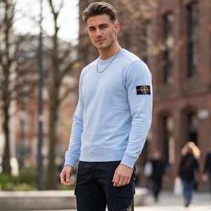 Può includere: Una felpa a maniche lunghe color azzurro con girocollo e una toppa rettangolare scura con un logo a bussola giallo e verde sulla manica sinistra. Il capo presenta polsini e orlo a coste, abbinato a pantaloni cargo blu scuro.