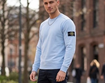 Sudadera Stone Island azul claro con cuello redondo / Jersey de felpa de algodón de primera calidad / Sudadera informal de diseño urbano