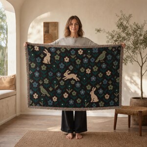 Millefleur Woven Blanket, Dark Floral Medieval Jacquard Throw, Fringed Cotton Wall Tapestry, Bedroom Decor, Housewarming Gift