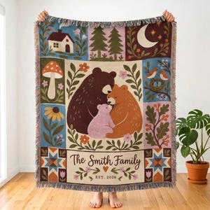 Personalized Bear Family Patchwork Woven Blanket, Custom Last Name & Year, Woodland Folk Art Quilt Throw, Cozy Family Keepsake Gift
