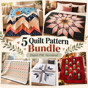 May include: A 5 Quilt Pattern Bundle Digital PDF Download featuring five distinct designs: a mountain landscape, a starburst pattern, a small geometric print, a central cross motif, and a red quilt with green Christmas trees.