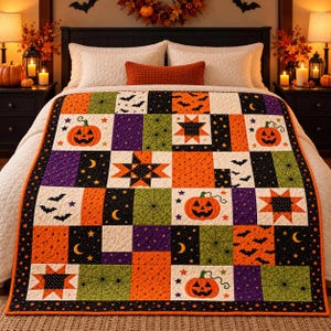 Puede incluir: Una colcha de patchwork con un patrón repetitivo de calabazas naranjas, murciélagos negros, telarañas verdes, estrellas amarillas y lunas crecientes sobre un fondo negro, naranja, morado y blanco con un borde de estrellas.