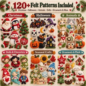 Puede incluir: Una colección de patrones de fieltro con más de 120 diseños que incluyen Navidad, Halloween, animales, muñecas y adornos. La imagen muestra varias figuras de fieltro como Santa Claus, un murciélago, un gato, una calabaza y un muñeco de nieve.