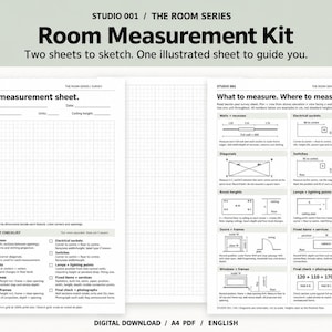 Puede incluir: Un kit de medición de habitaciones que incluye dos hojas blancas con texto negro y líneas de cuadrícula. Una hoja es una cuadrícula en blanco para esbozar dimensiones, mientras que la otra ofrece instrucciones ilustradas para medir.