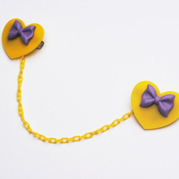 SALE: Lilac & Yellow, Heart Shaped, Plastic Bow, Pin Up Inspired, Retro, Kawaii, Lolita Style, Fashion Accessory, Cardigan, Collar Clips