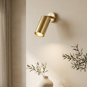 Può includere: Un faretto da parete cilindrico con finitura in ottone spazzolato. L'apparecchio è fissato a una base circolare e presenta una testa orientata verso il basso che emette una luce calda e focalizzata sulla parete sottostante.