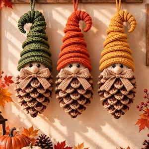 Può includere: Tre decorazioni pendenti a forma di gnomo con cappelli all'uncinetto nei colori verde, arancione e giallo. Ogni gnomo presenta un naso rotondo beige, un piccolo papillon beige e un corpo composto da strati marroni che ricordano una pigna.